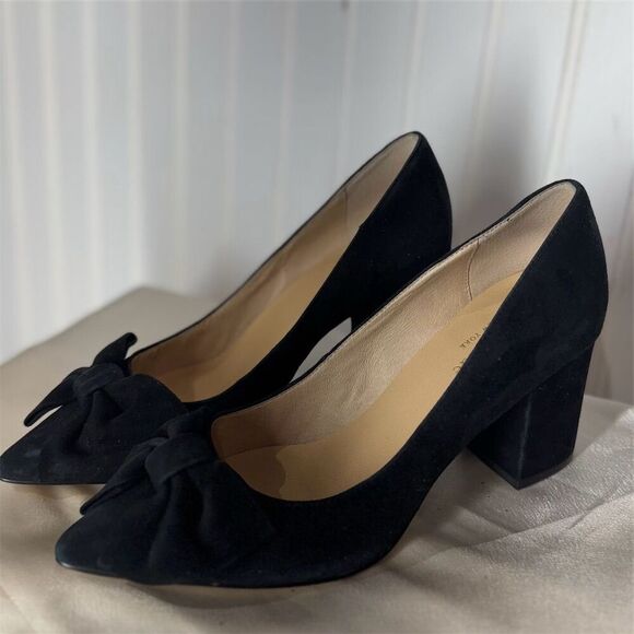 Kate Spade NY Black Suede Block Heel Pumps 7M Bow Detail Classic Dress Shoes - Picture 1 of 7